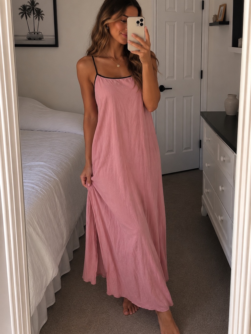 Pink Maxi linen Dress with Black Trim sleeveless flowy dress medium